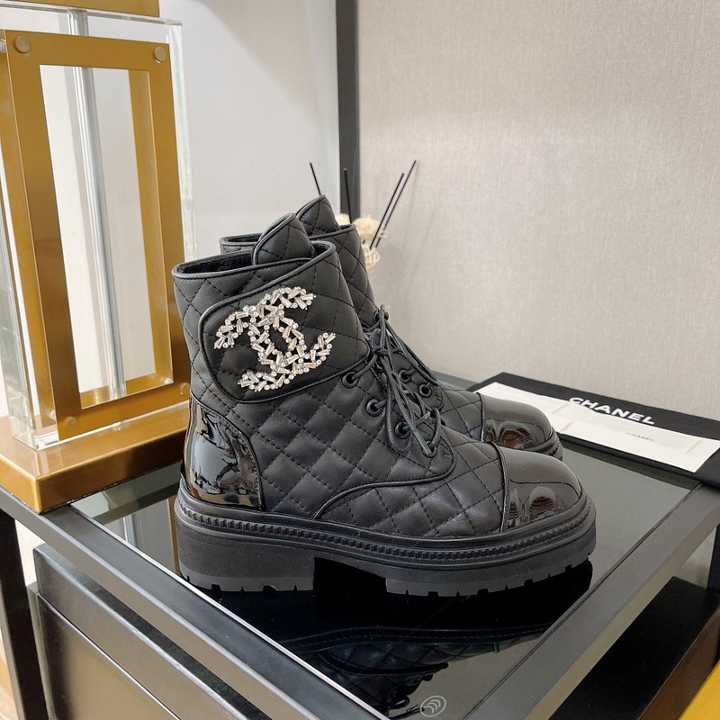 Ch*el cc chain quilted lambskin and calfskin lace up boots black