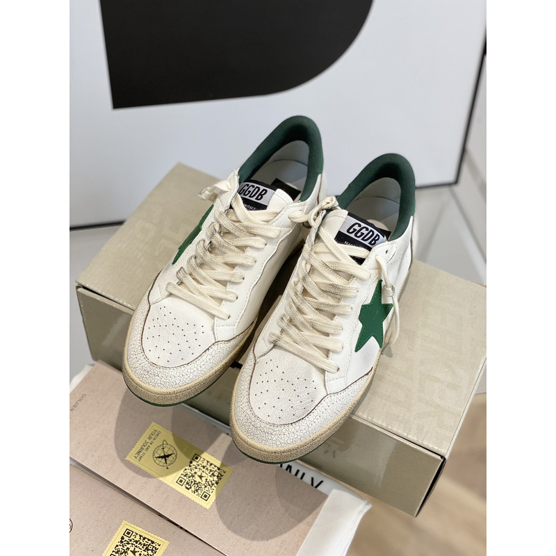 Gold Goose White Ball Star Sneakers Leather With  Green Star And Heel Tab