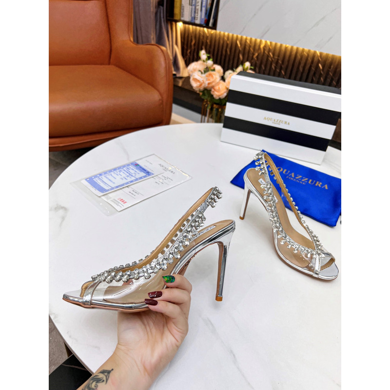 Aquazzura Temptation Crystal Embellished Open Toe Pumps Silver