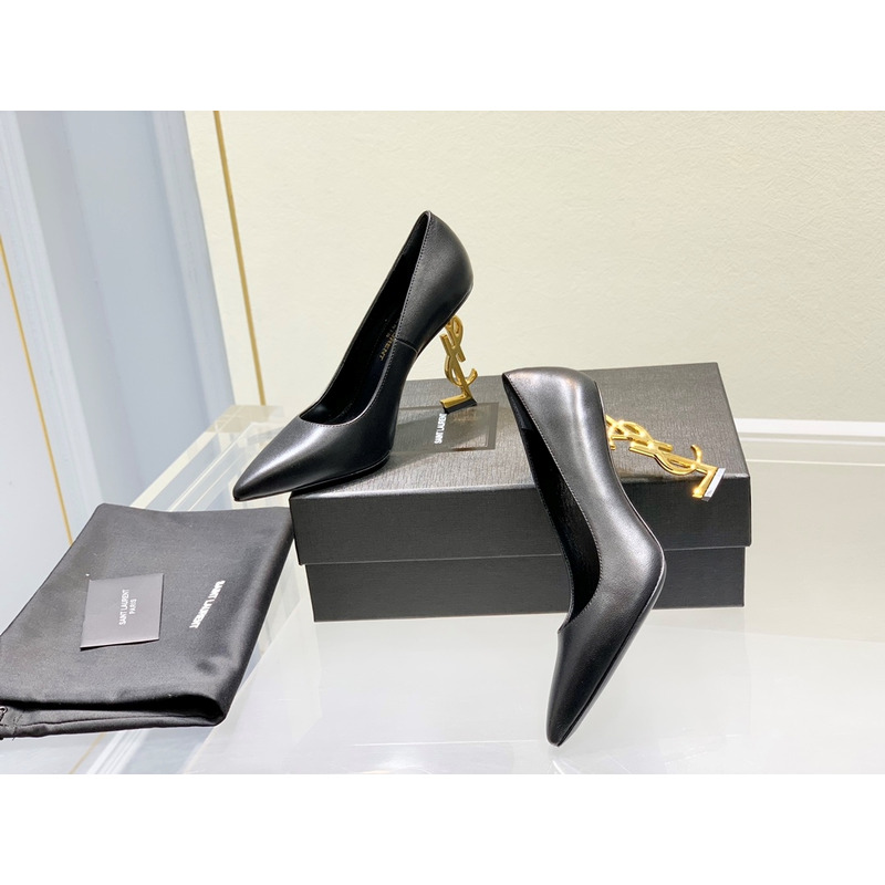 Saint Laurent Opyum Logo 110 Plaque Pumps Polished Leather Heels Gold