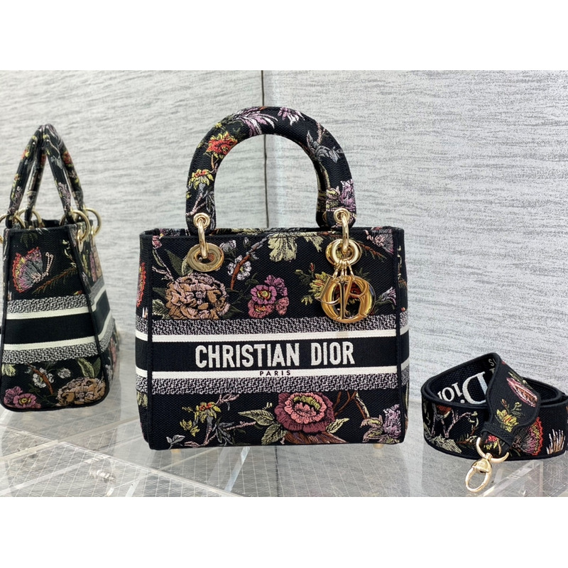D*or medium lady d-lite bag black multicolor D*or jardin botanique embroidery