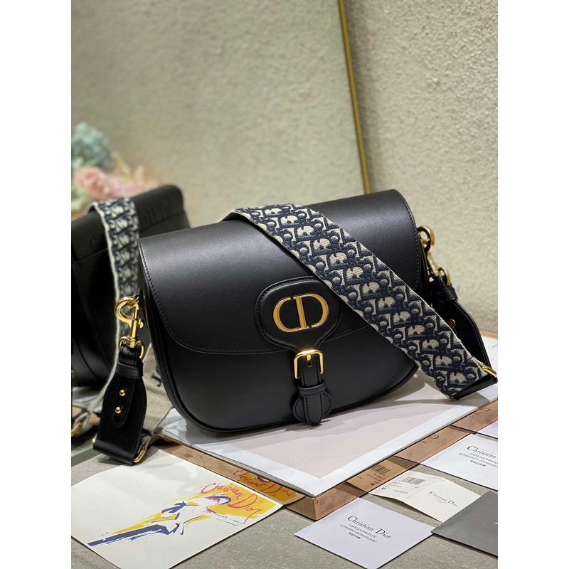 D*or large D*or bobby bag black shiny calfskin with blue oblique print shoulder strap