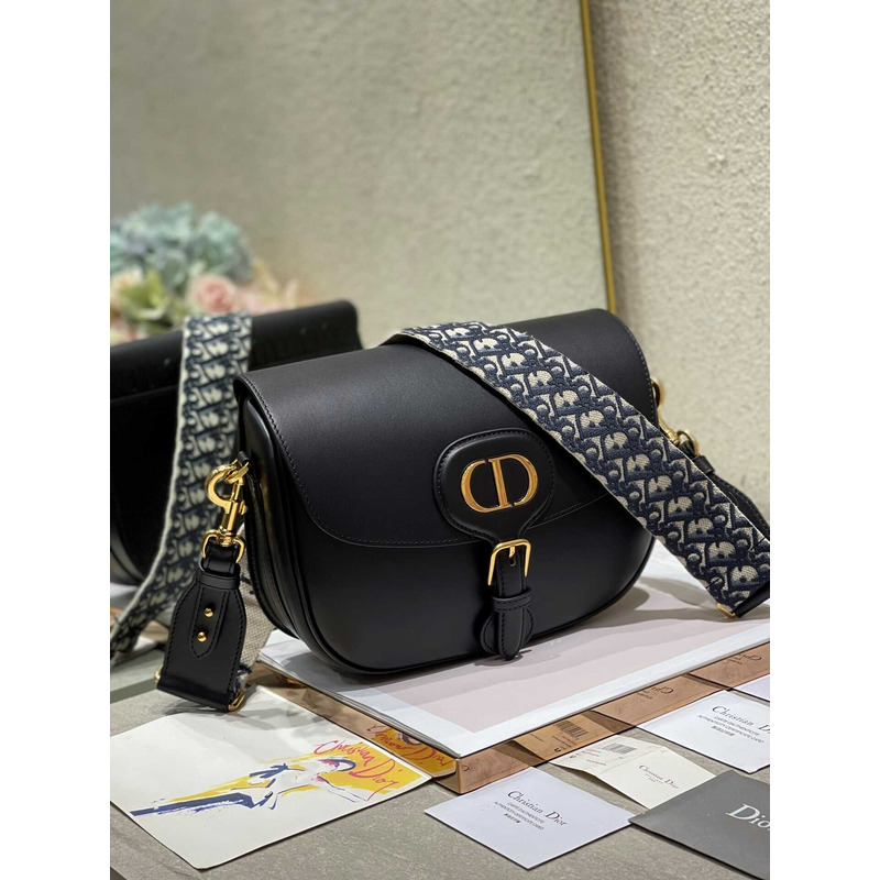 D*or large D*or bobby bag black shiny calfskin with blue oblique print shoulder strap