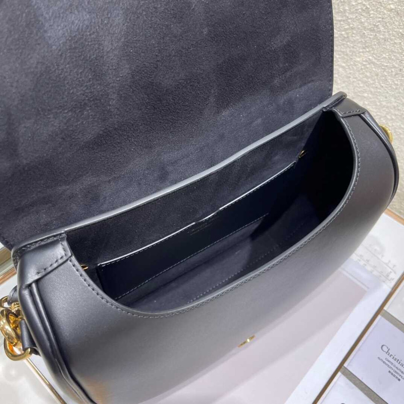 D*or large D*or bobby bag black shiny calfskin with blue oblique print shoulder strap
