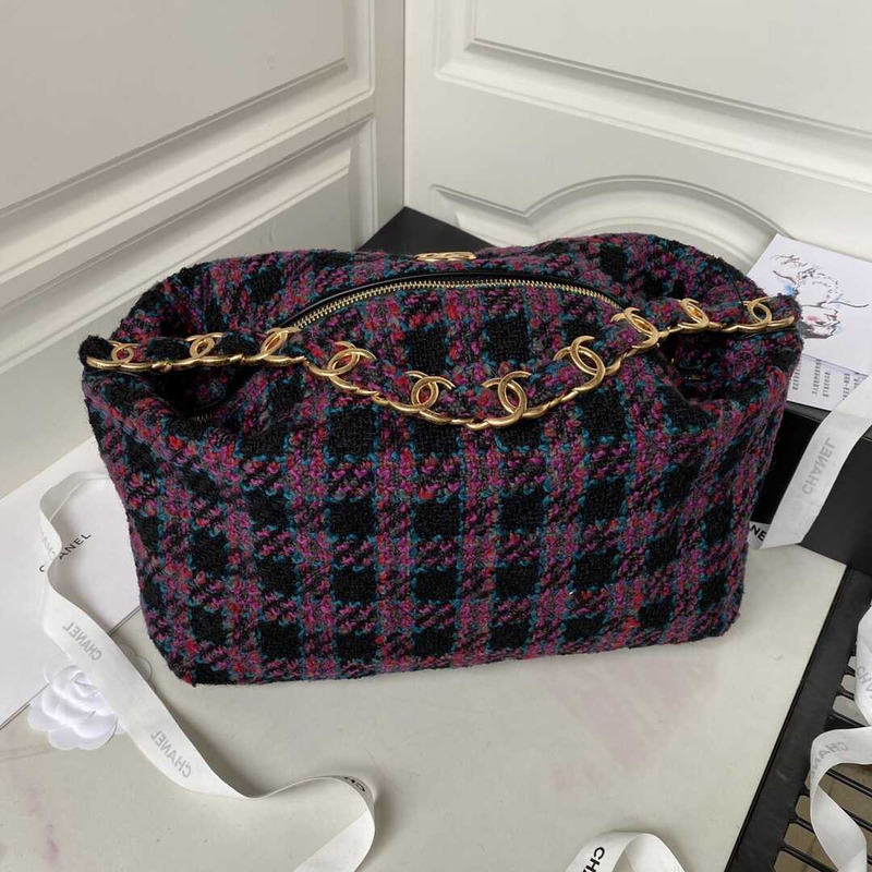 Ch*el hobo bag wool twill & gold-tone metal black and red