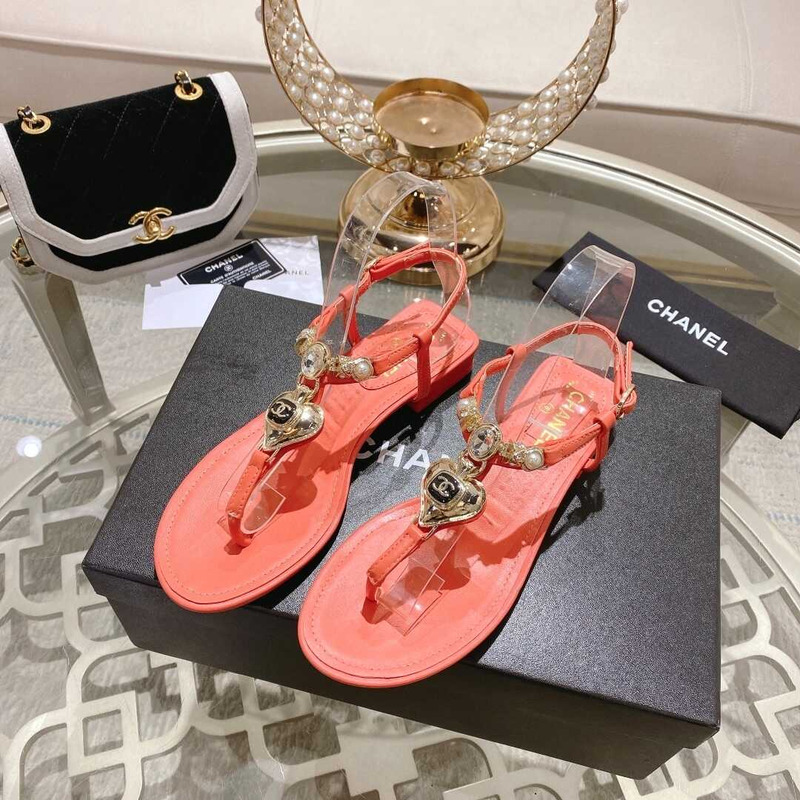Ch*el lambskin metal diamanté & imitation pearls sandals red