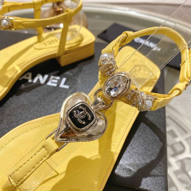 Ch*el lambskin metal diamanté & imitation pearls sandals yellow