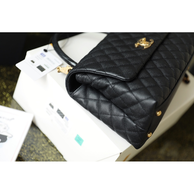 Ch*el coco handle flap quilted caviar aged gold-tone small black