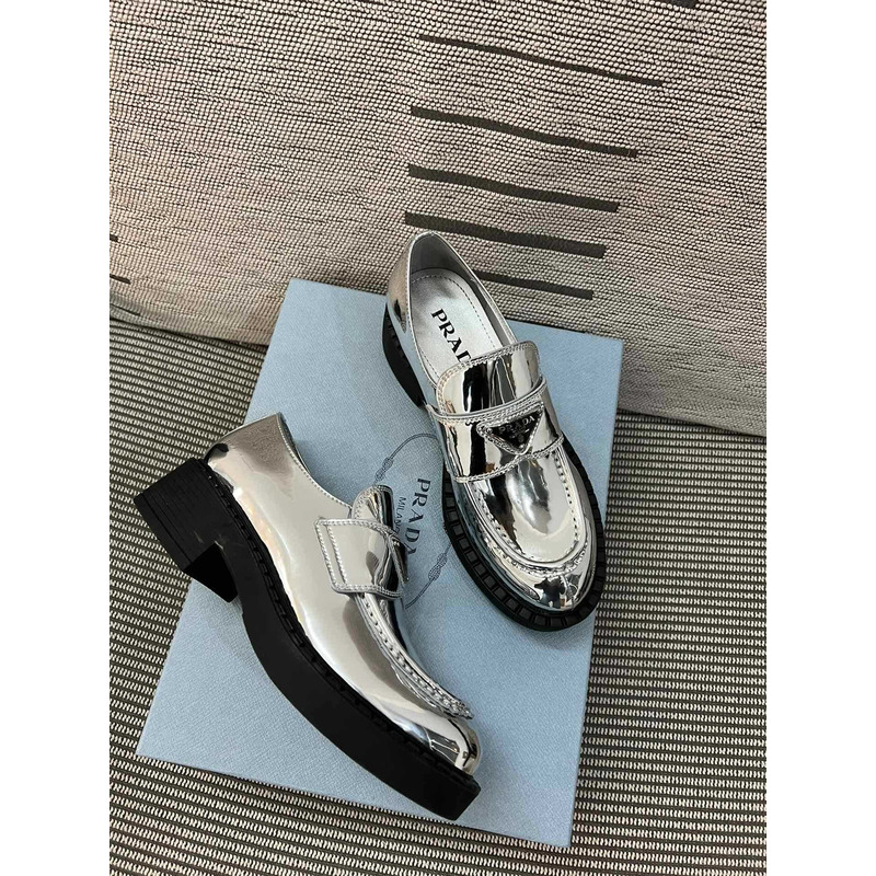 Pra*a triangle logo metallic loafers silver