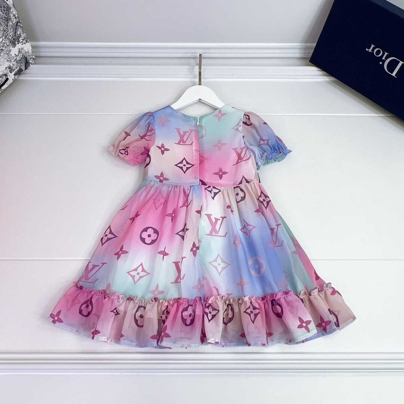 l**is V*t*n kids print ruffle trim mesh dress