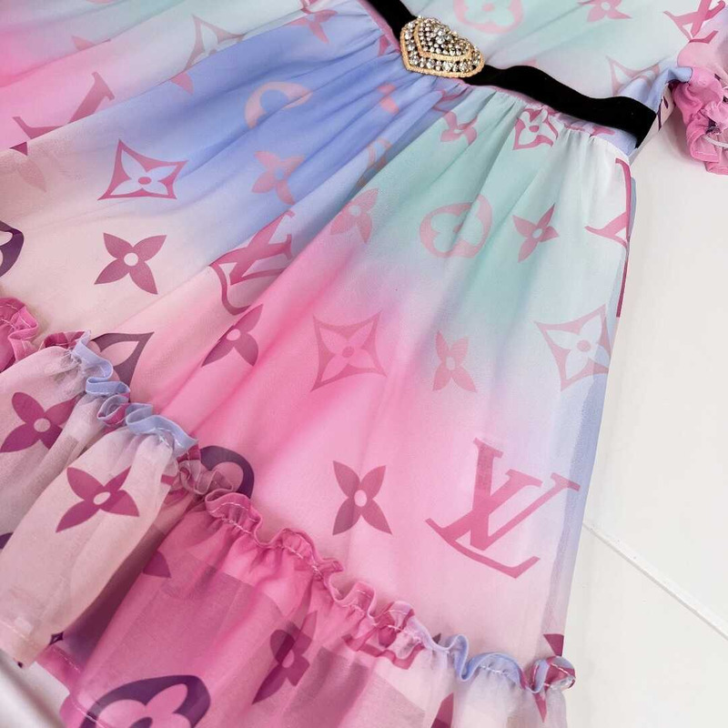 l**is V*t*n kids print ruffle trim mesh dress