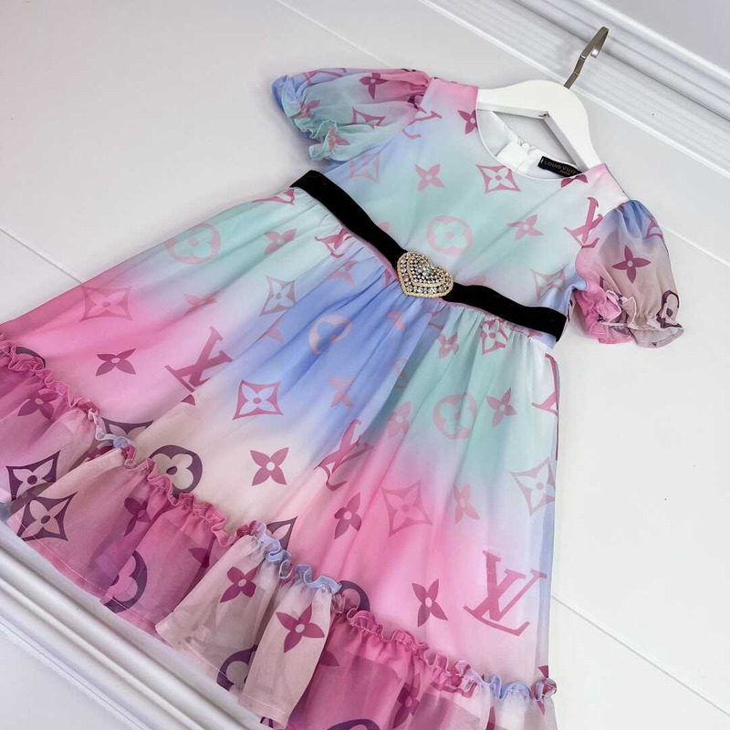 l**is V*t*n kids print ruffle trim mesh dress