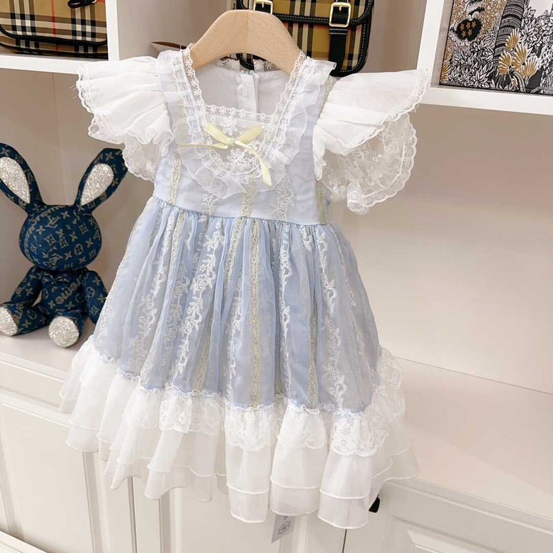 Ch*el kids lace trim short-sleeve midi a-line dress