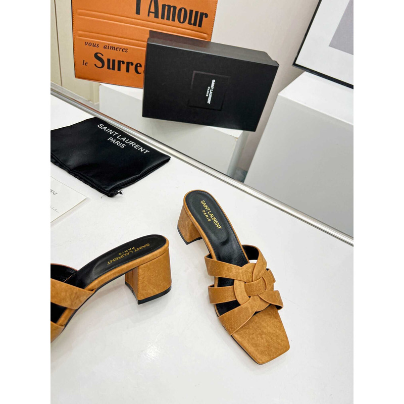 Saint Laurent Tribute Denim Mid-heel Mule Shoes Brown