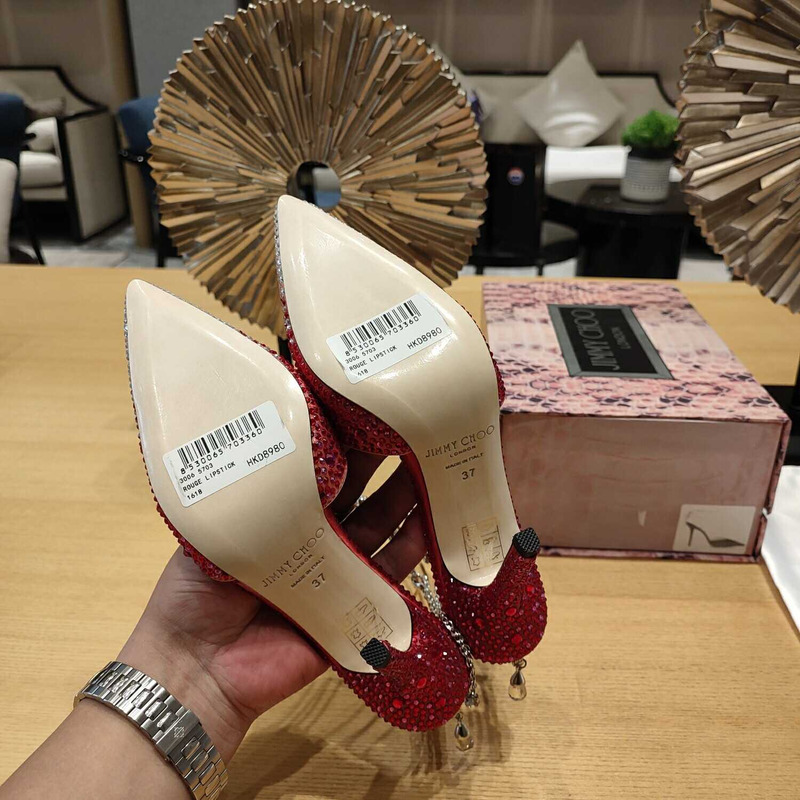 Jimmy Choo Saeda 100 Glitter Plexi & Leather Pump Red And White