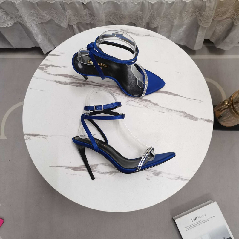Saint Laurent New Nuit Silk Crystal Stiletto Sandals Blue