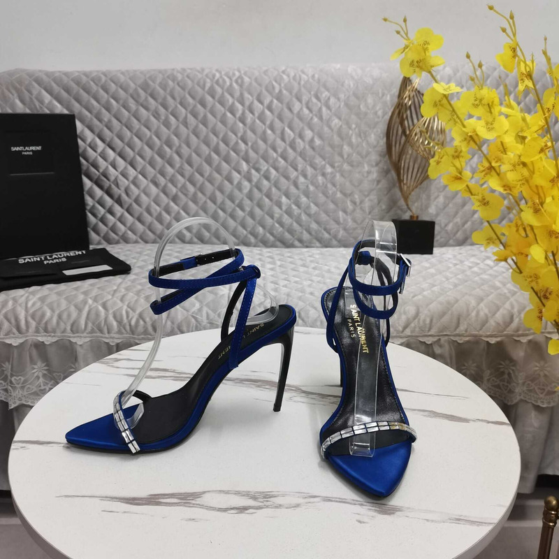 Saint Laurent New Nuit Silk Crystal Stiletto Sandals Blue