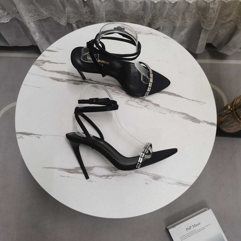 Saint Laurent New Nuit Silk Crystal Stiletto Sandals Black