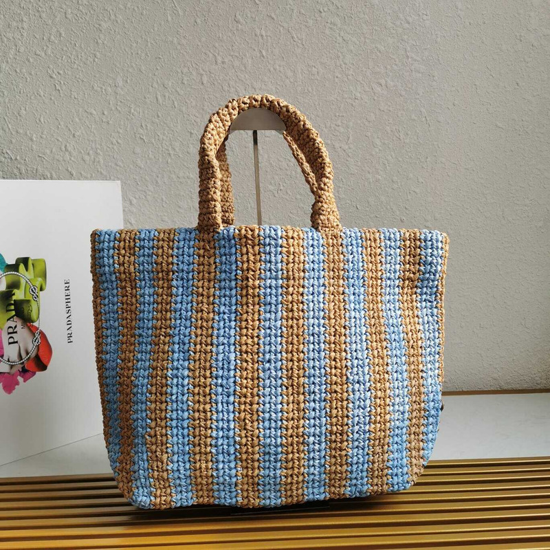 Pra*a large raffia tote bag tan/light blue