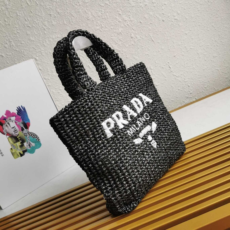 Pra*a large raffia tote bag black