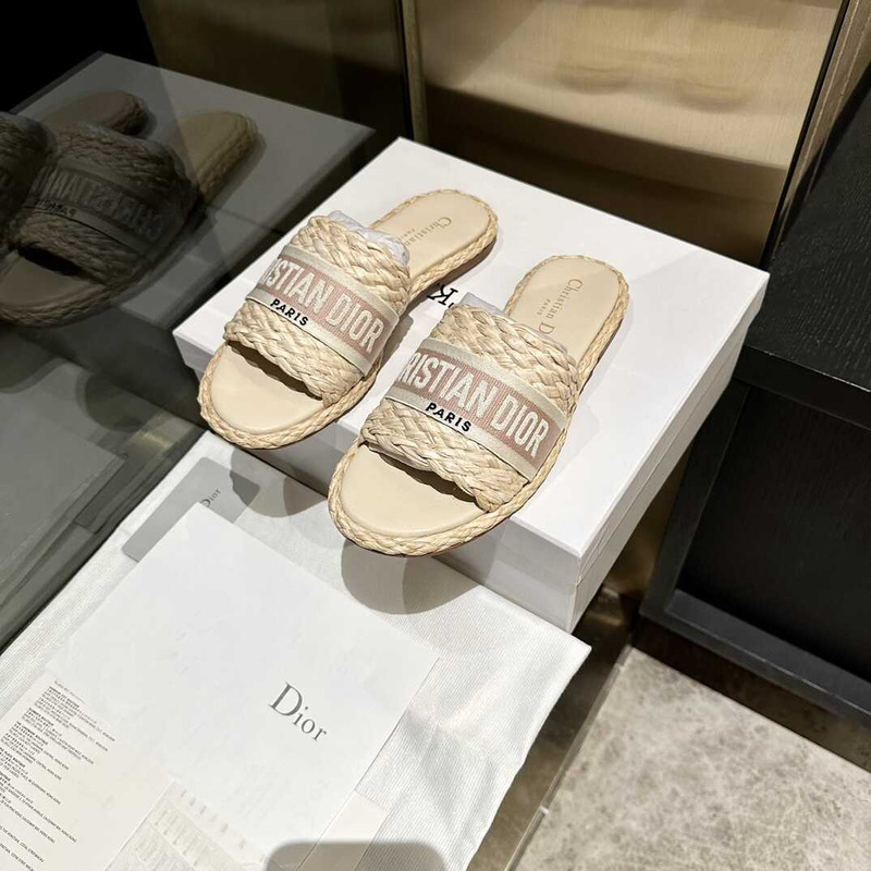 D*or dway slide jute-colored embroidered raffia and cotton beige