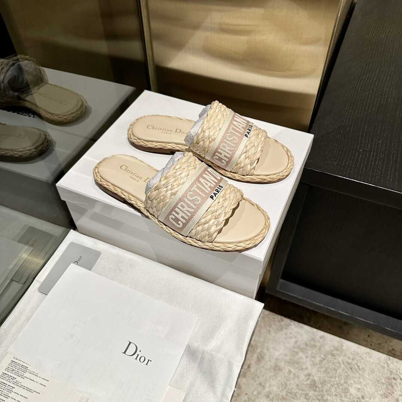D*or dway slide jute-colored embroidered raffia and cotton beige