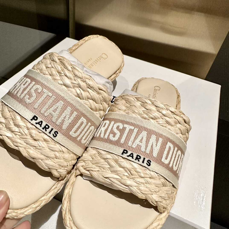 D*or dway slide jute-colored embroidered raffia and cotton beige