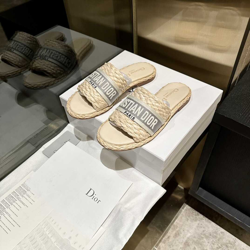 D*or dway slide jute-colored embroidered raffia and cotton gray