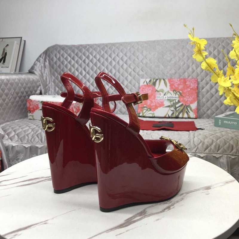 Dolce & Gabbana Patent Leather Wedge Sandals Dark Red