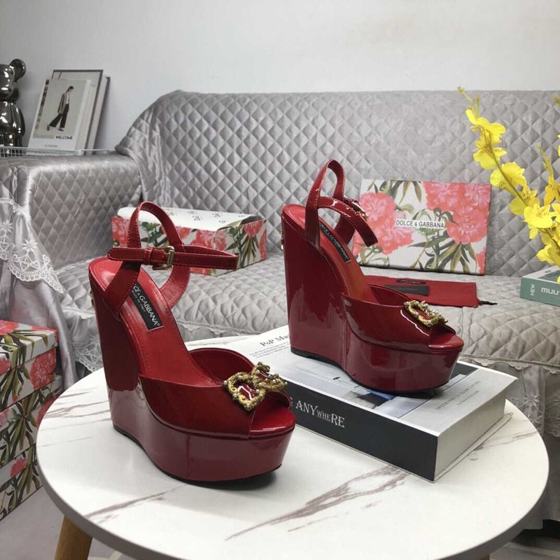 Dolce & Gabbana Patent Leather Wedge Sandals Dark Red