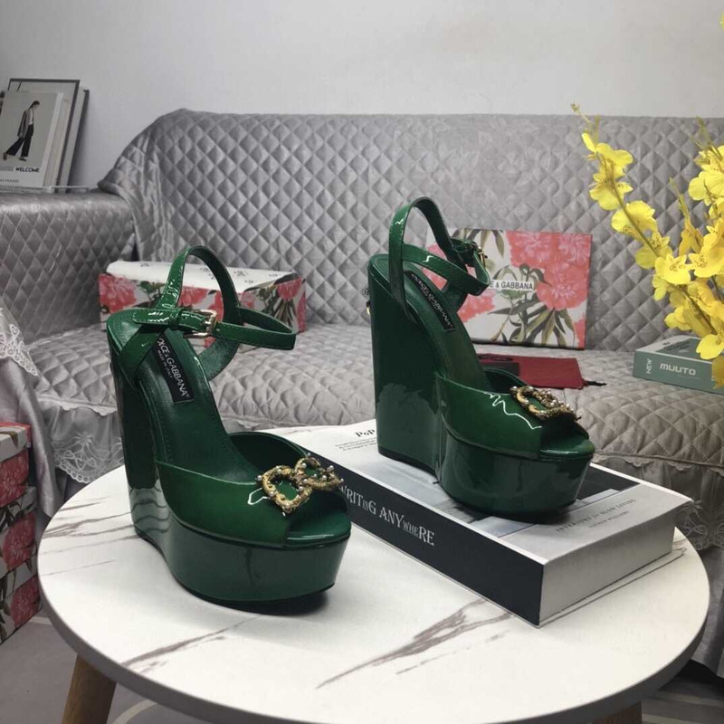 Dolce & Gabbana Wedge Platform Patent Leather Sandals Green