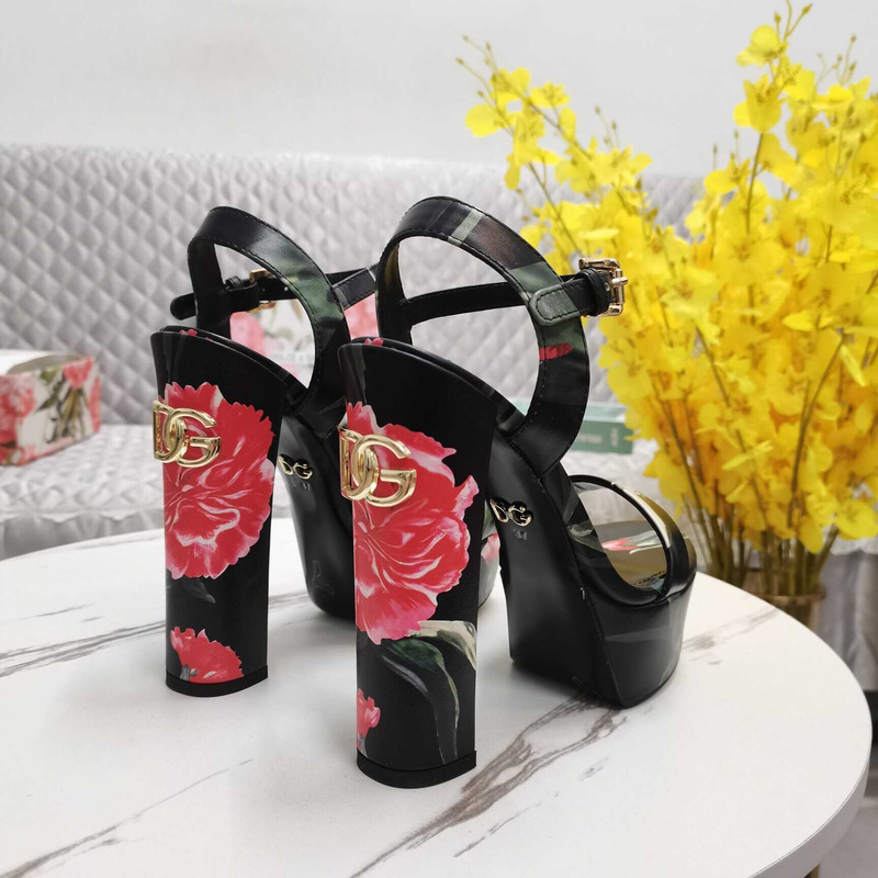Dolce & Gabbana Printed Fabric Platform Sandals Heels Black