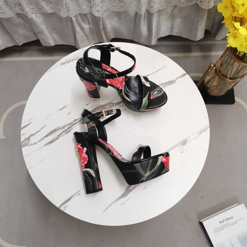 Dolce & Gabbana Printed Fabric Platform Sandals Heels Black
