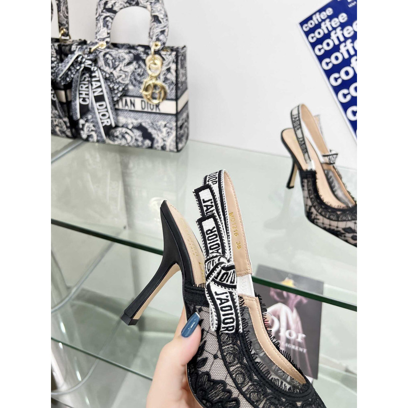 D*or j`aD*or slingback pump black mesh embrioidered with D*or roses motif