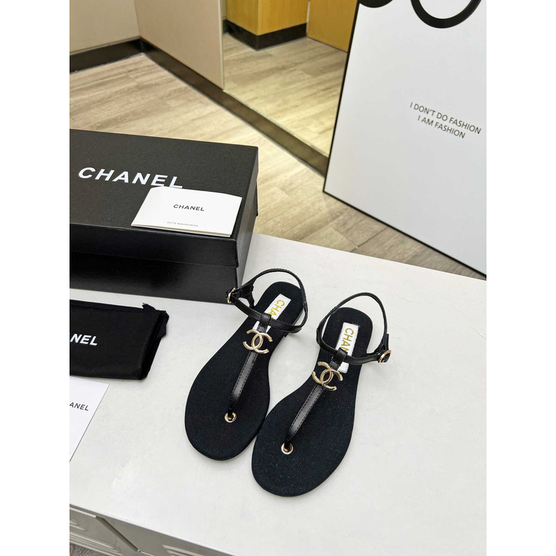 Ch*el lambskin & strass sandal black