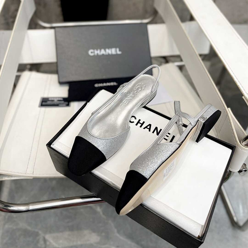 Ch*el strass 20mm slingbacks silver black grosgrain