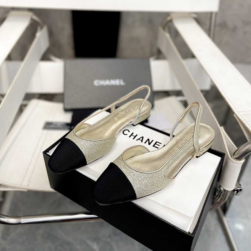 Ch*el strass 20mm slingbacks silver black grosgrain