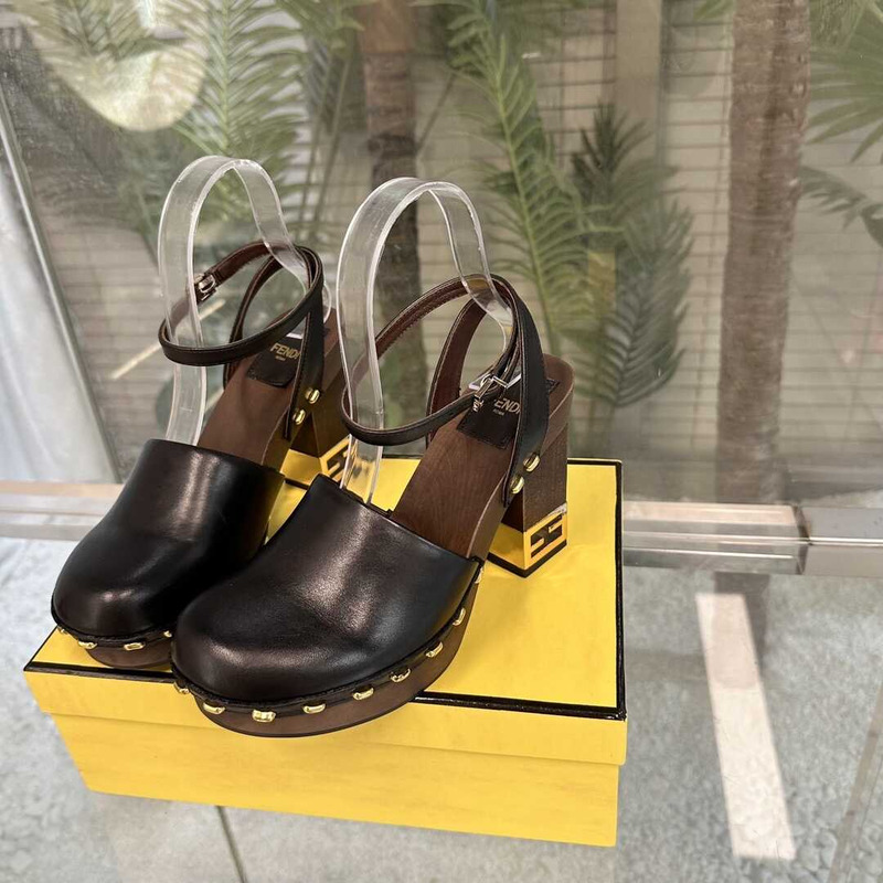 F**di black leather high heel show clogs