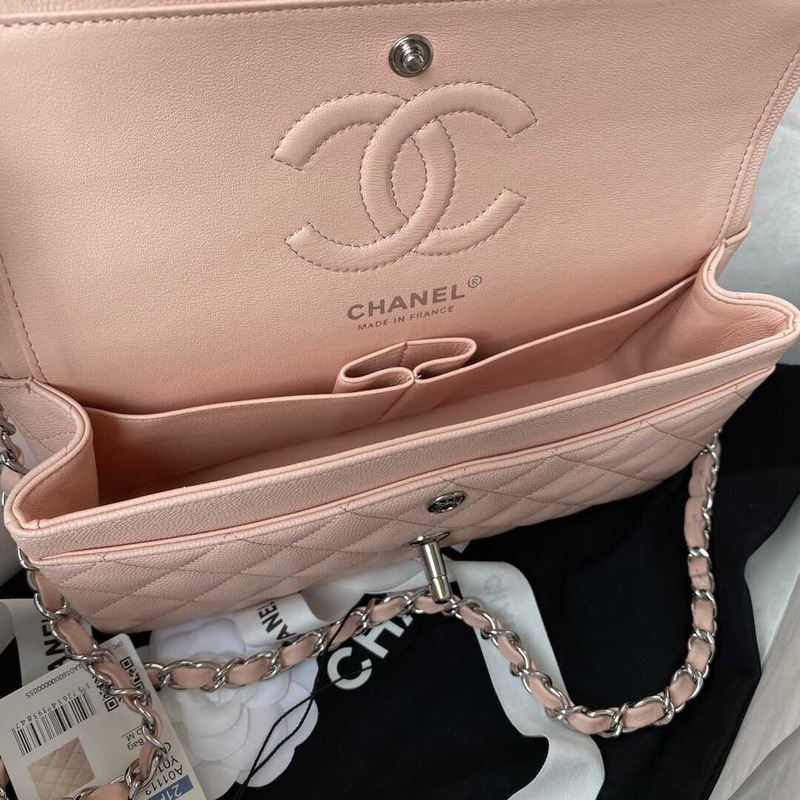 Ch*el classic flap calfskin silver hardware small pink