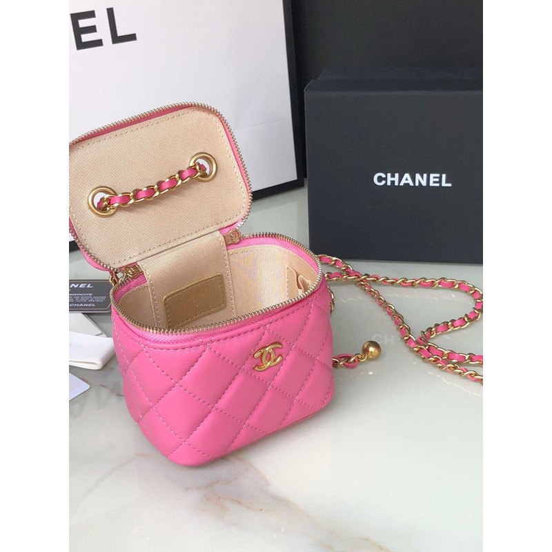 Ch*el lambskin quilted pearl crush mini vanity case with chain pink