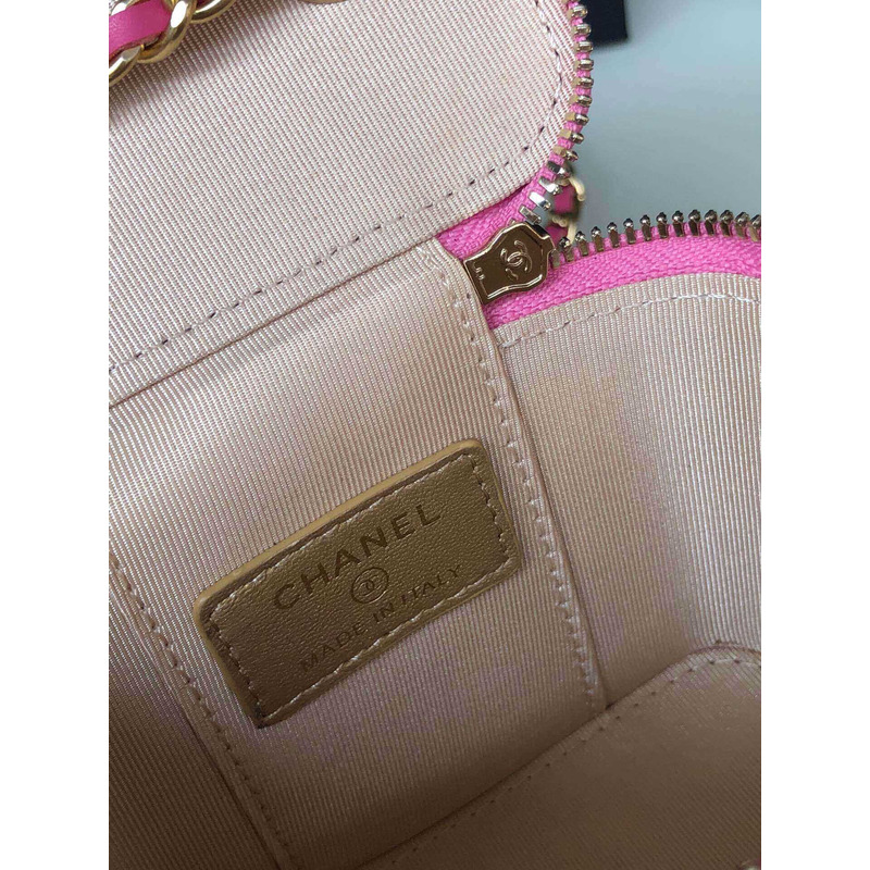 Ch*el lambskin quilted pearl crush mini vanity case with chain pink