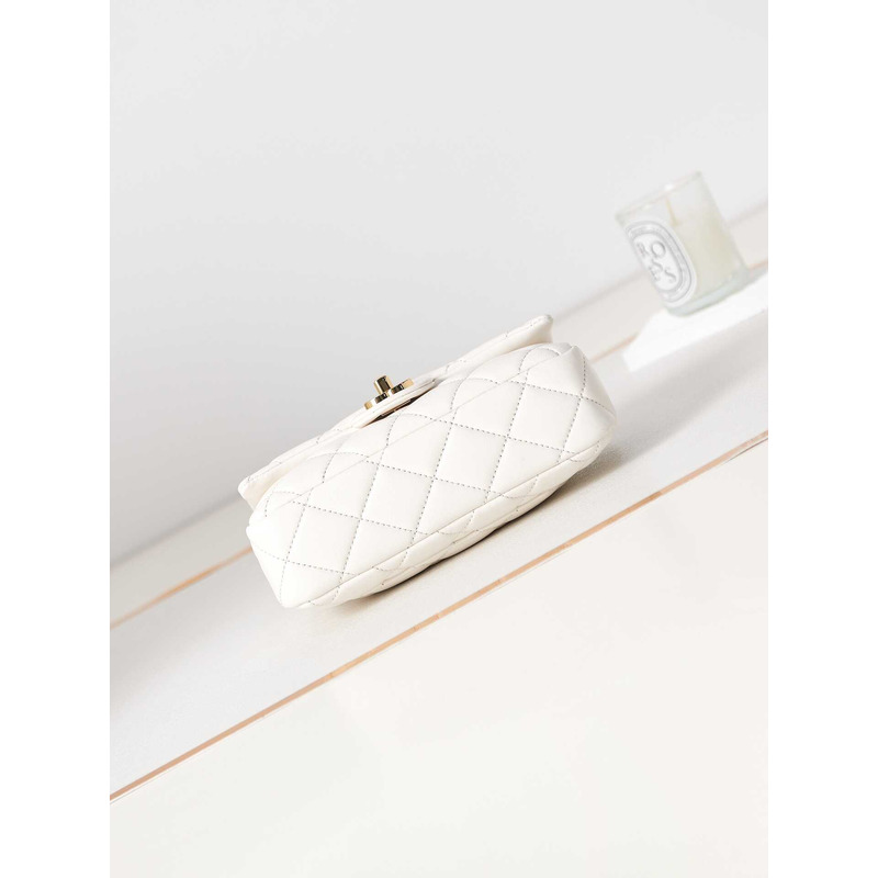 Ch*el small flap bag with handle polished lambskin & gold-tone metal white