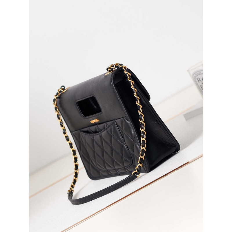 Ch*el mini flap bag with handle calfskin & gold-tone metal black