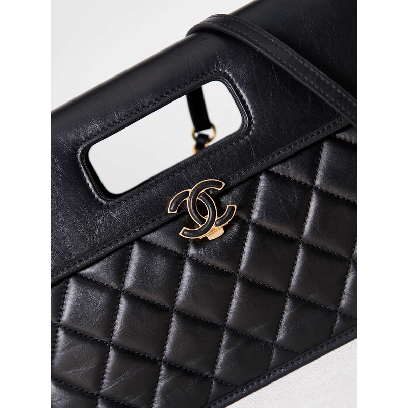 Ch*el mini flap bag with handle calfskin & gold-tone metal black