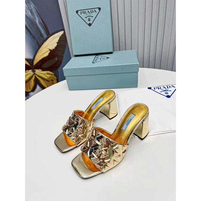 Pra*a leather studded metallic heel 7mm gold