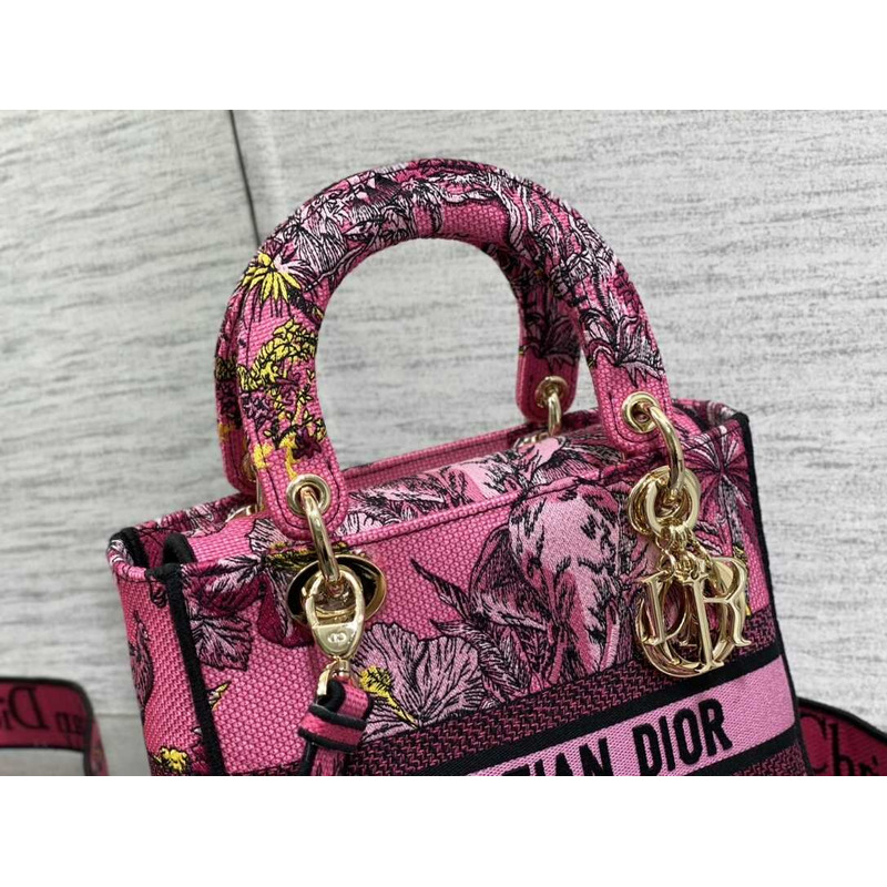 D*or medium lady d-lite bag fuchsia multicolor toile de jouy voyage embroidery