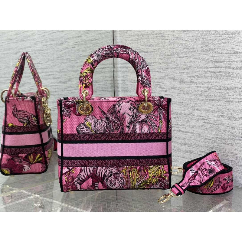 D*or medium lady d-lite bag fuchsia multicolor toile de jouy voyage embroidery