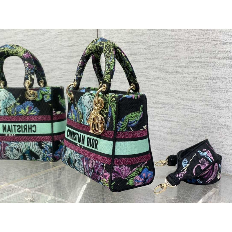 D*or medium lady d-lite bag blue multicolor toile de jouy voyage embroidery