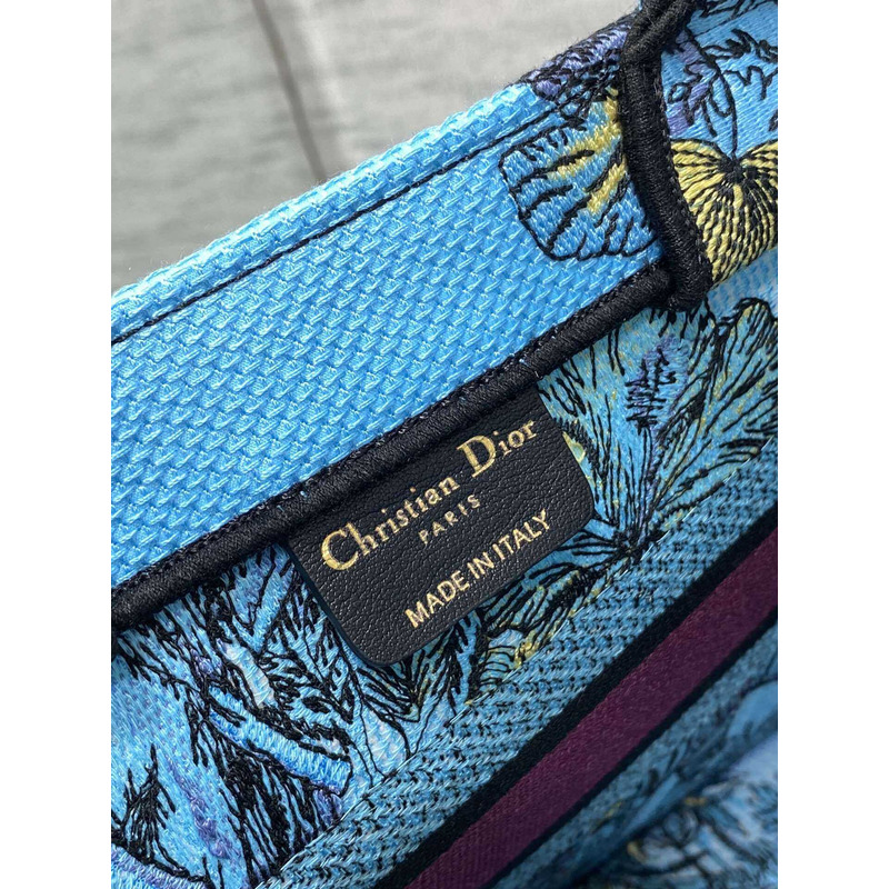 D*or small book tote bag space blue fabric with multicolor voyage jouy print embroidery