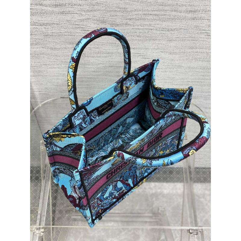 D*or small book tote bag space blue fabric with multicolor voyage jouy print embroidery